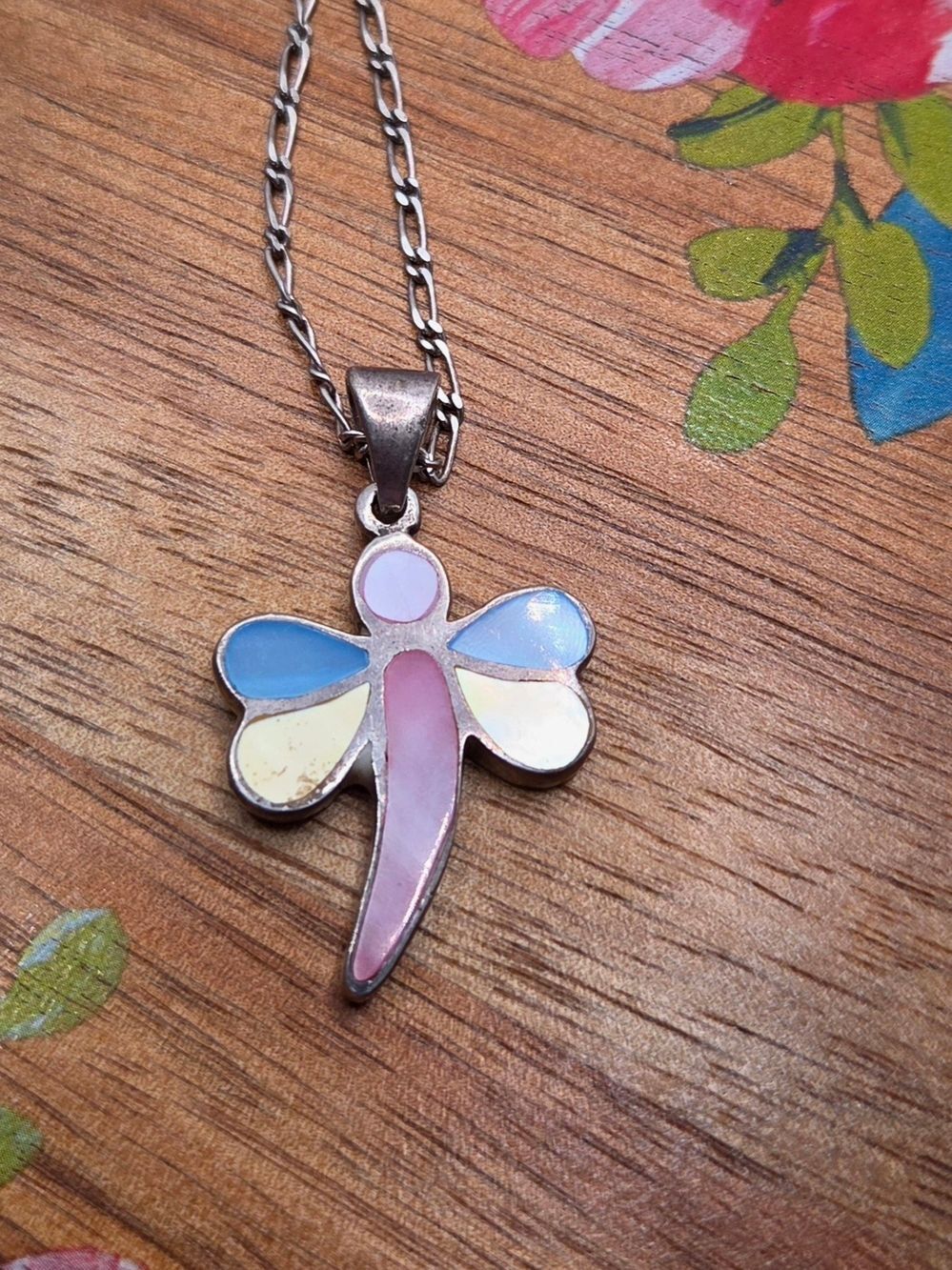 Vintage Sterling Silver Mother of Pearl Pink Blue Dragonfly Pendant